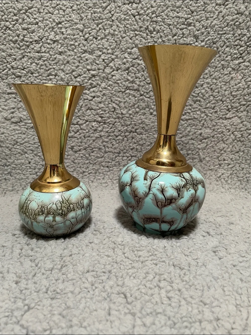 Turquoise Crackle-Glaze and Brass Accent Vases - Set of 2